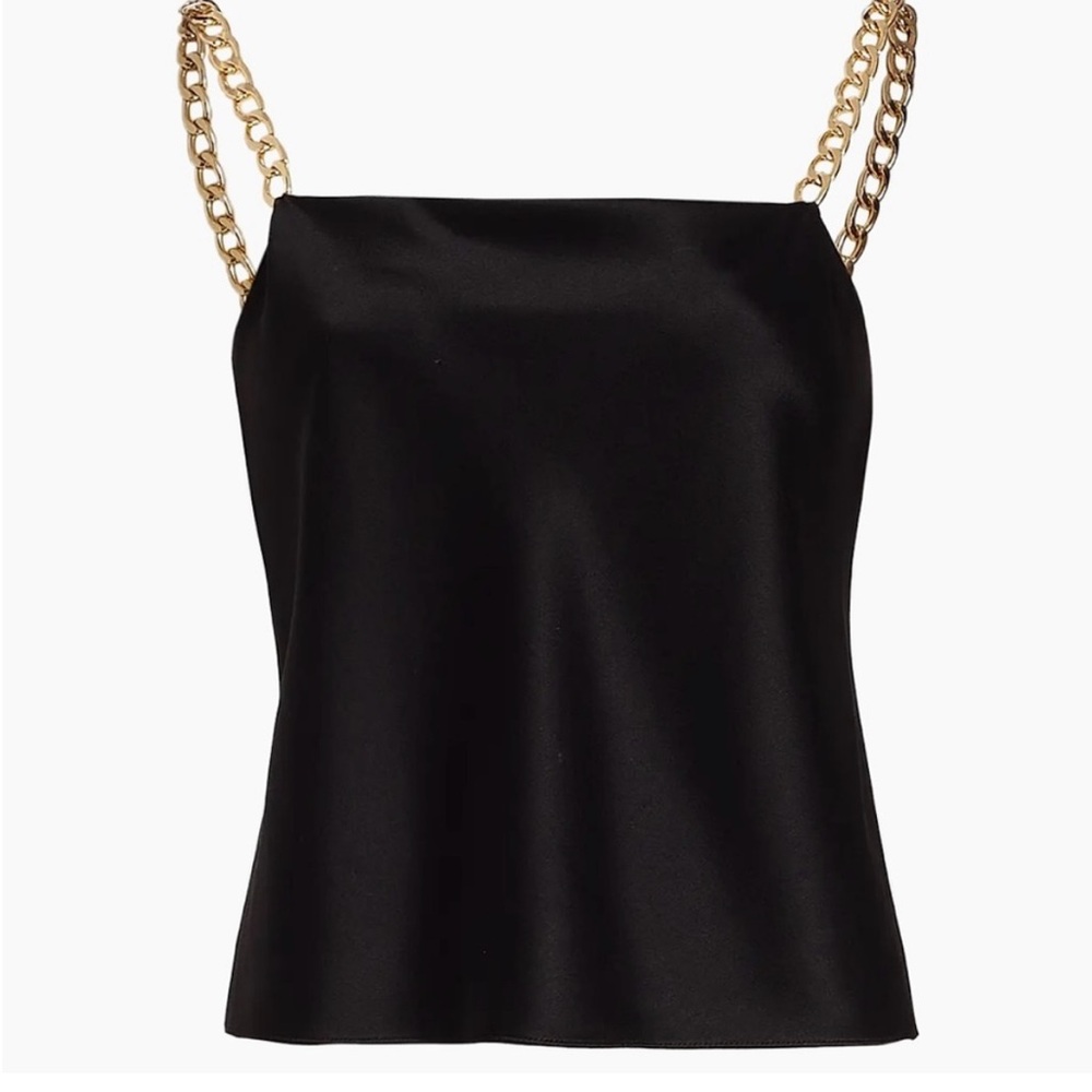 $276 Alice + Olivia Women's Black Harmon Chain Strap Satin Camisole Top Size Med